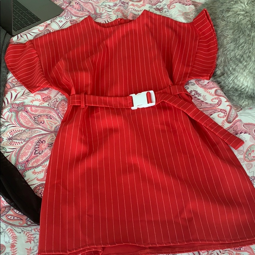 Red Pin Stripe Belt T-shirt Dress